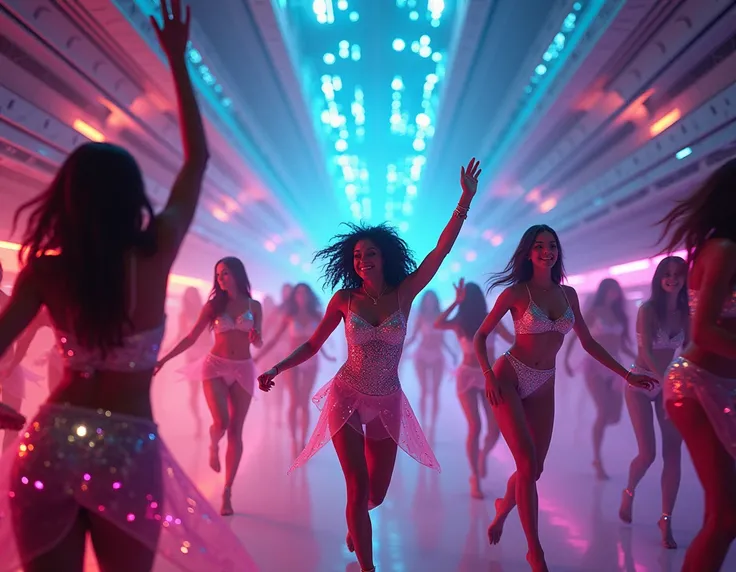  women dancing at a space party, with a DJ and lots of colored lights 