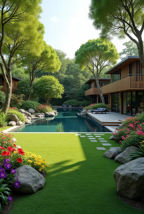  A harmonious and contemporary garden ,  with tall canopy trees such as yellow and purple ipees ,  red and scattered anthuriums through well-defined flowerbeds,  and an infinity pool in the center .  An artificial lake next door is surrounded by rocks and ...