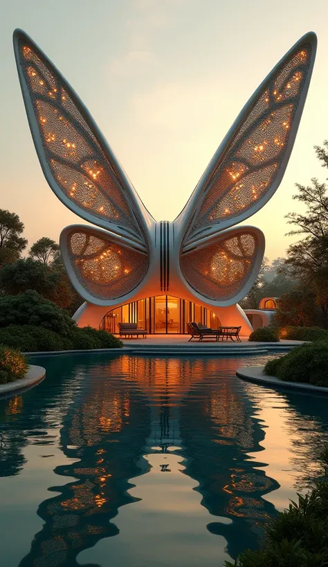 A futuristic mansion designed with architecture inspired by the elegant form of a butterfly, featuring intricate metallic patterns and flowing, wing-like structures. The mansion is illuminated by glowing orange lights embedded within its design, casting a ...