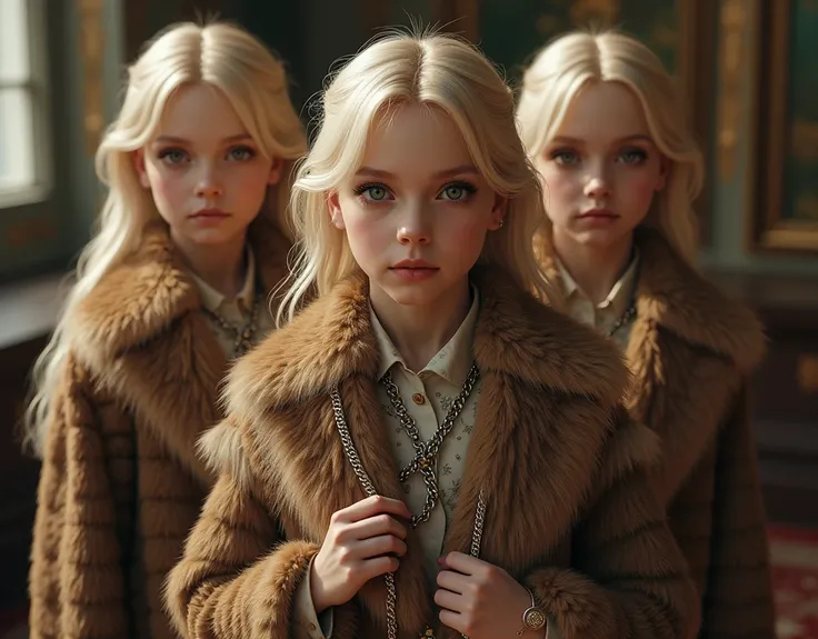 Wore luxurious fur and carried chains３Little Russian girls 。Blonde。3 people. real