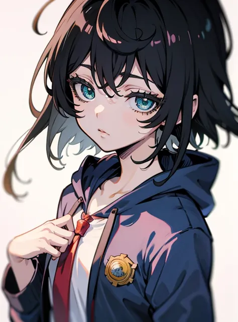 an anime girl with black hair and green eyes looking at something, black haired girl weaRing hoodie,  , anime girl named Lucy , Mayuri Shiina from Steins Gate , as the anime character , Iwakura is the last , Iwakura is the last , cell-shaded anime , Rin, i...