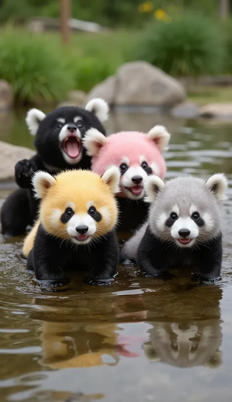 "Four baby pandas with unique body colors (black, yellow, pink, and gray)  are playing in the clear water in a cheerful atmosphere. Their faces look cute and adorable ,  with cheerful and curious expressions .  The surrounding environment seems natural and...