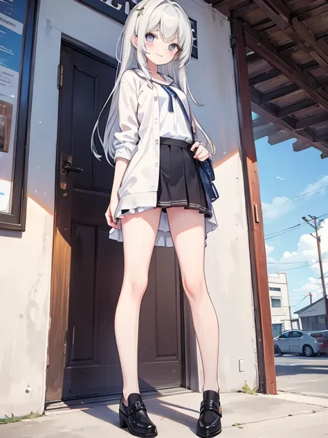 a girl, standing, miniskirt, smiling, the cutest in the world, detailed eyes, detailed face ,in front of the station, photorealistic:2.0, masterpiece, best quality,insanely detailed, from below , ((full body))