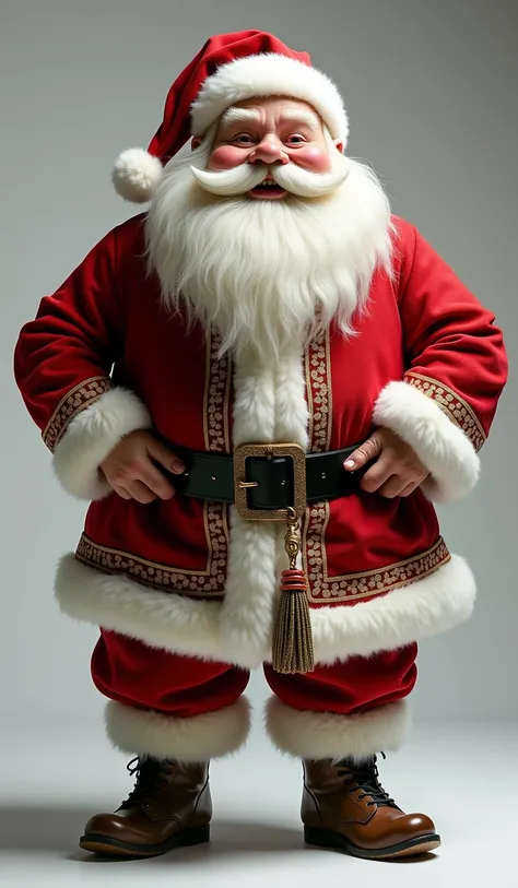 photorealistic full body photo of (fat) dwarf,(art by Justin Gerard:1.2), (intimidating pose:1.5),(hands on hips:1.5),(little smiling:1.2) ,(realistic :1.5),high quality,(detailed belt),(white beard) ,((intricate detailed Santa Clous clothes)), (highly det...