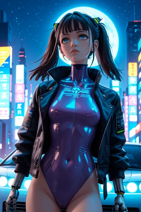 Full Moon Night 、 on the roof of a cyberpunk city 、 A woman looks up at the sky 。The city is lined with skyscrapers 、Neon signs glow、 The night sky reflects colorful lights 。  There is a huge holographic advertisement and a floating car in the background 、...