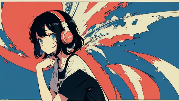 (flat color, retro, low contrast), (lofi), (1 girl, black hair, t-shirt, headphone), (summer sky, wall with anime posters)