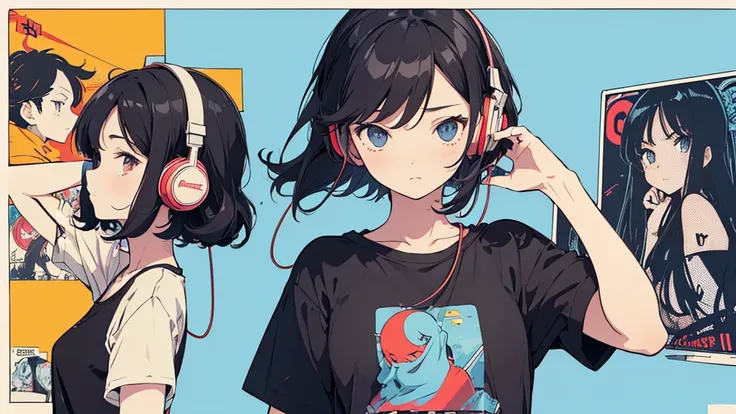 (flat color, retro, low contrast), (lofi), (1 girl, black hair, t-shirt, headphone), (summer sky, wall with anime posters)