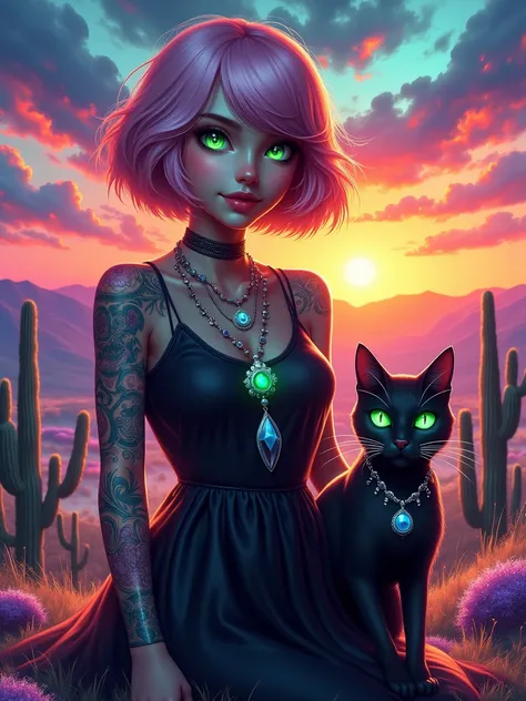 Generate an illustration of a young woman standing in a desert landscape at sunset, with a vibrant and surreal color palette. The woman has short, pastel-pink bobbed hair, glowing green cat-like eyes, and is adorned with intricate tattoos covering her arms...