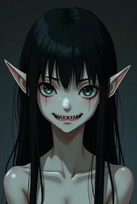 anime black straight hair, dead eyes, elf ears, skinny, sharp teeth boy