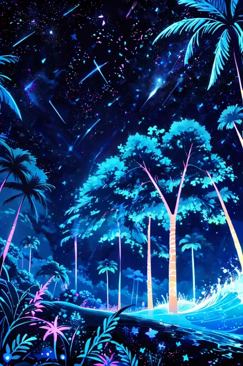  black light , 1 girl 、Wave、 black light ボディペインティング、Meteor Shower、 palm trees、