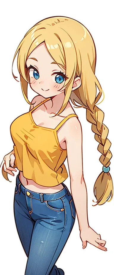 1girl, Solo, Long Hair, Parted Bangs, Twin Braids, Large breasts, Blush, Smile, Cowboy Shot, Simple background, From Above, Hair Bobbles, Image Fill, Anime, Anime Style, Blonde Hair, white camisole top, midriff, jeans, flaerd jeans, trainers,