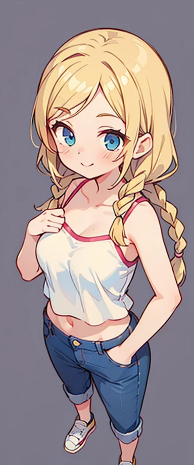 1girl, Solo, Long Hair, Parted Bangs, Twin Braids, Large breasts, Blush, Smile, Cowboy Shot, Simple background, From Above, Hair Bobbles, Image Fill, Anime, Anime Style, Blonde Hair, white camisole top, midriff, jeans, flaerd jeans, trainers,