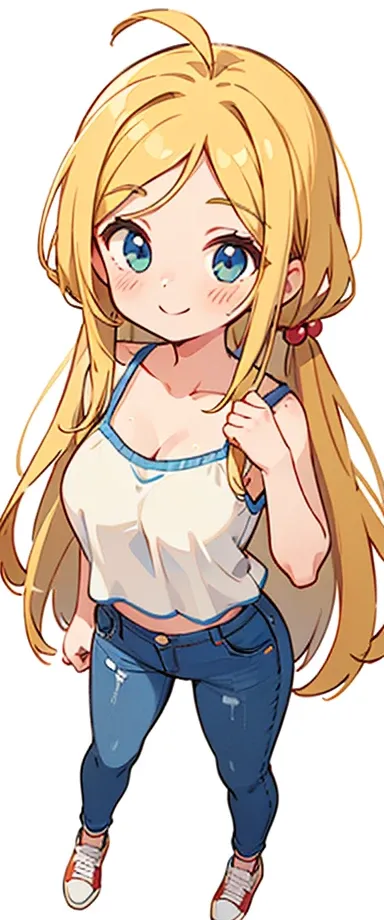 1girl, Solo, Long Hair, Parted Bangs, Large breasts, Blush, Smile, Cowboy Shot, Simple background, From Above, Hair Bobbles, Image Fill, Anime, Anime Style, Blonde Hair, white camisole top, midriff, jeans, flaerd jeans, trainers,