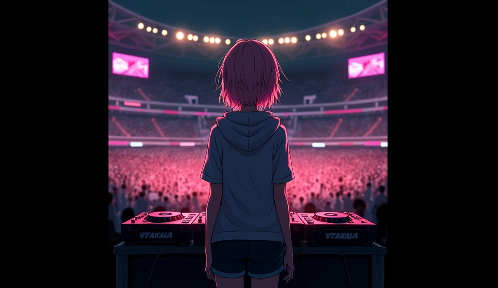  Anime girl with her back looking at the audience , light pink hair,  a lot of people at the stadium ,  girl standing in a huge stadium ,  DJ table in front of the girl ,  shaded on the back and under the table,  short sleeve hoodie , Pants a short ,  a lo...