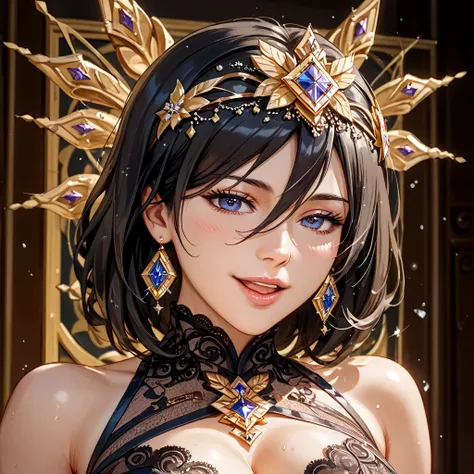 (( top quality)), ((masterpiece)), ( Details), （ perfect face）、The woman who went from being a concubine in Harlem to becoming a regular wife is a dark-haired Mikasa Ackerman in a luxurious room, wears gorgeous jewelry accessories, looks like a Chinese wom...