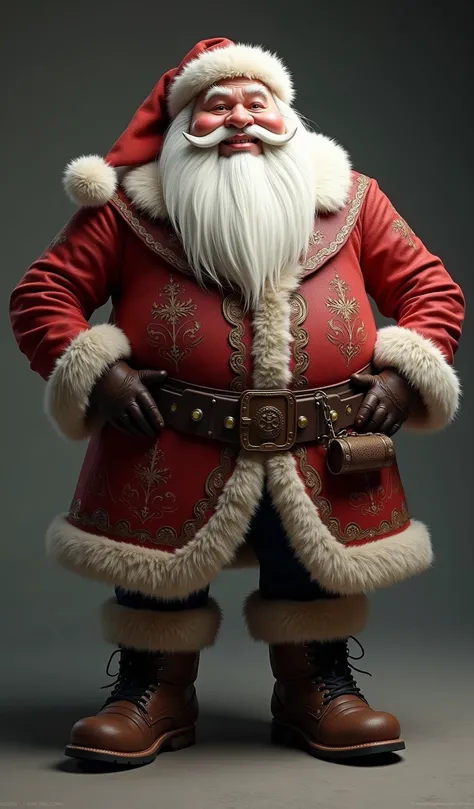 photorealistic full body photo of (fat) dwarf,(art by Artgerm:1.2), (intimidating pose:1.5),(hands on hips:1.5),(little smiling:1.2) ,(realistic :1.5),high quality,(detailed belt),(white beard) ,((intricate detailed Santa Clous clothes)), (highly detailed ...