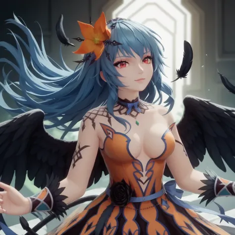 score_9, score_8_up, score_7_up, score_6_up, score_5_up, score_4_up, 1girl, blue hair, long hair, red eyes, hair flower, orange flower, Black Wings、black tail feathers、highly detailed, 8k, ultra-detailed, intricate clothing, striking pose, dramatic lightin...