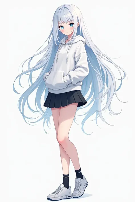 Female version of satoru gojo , long white ,     hair , light blue eyes , wearing an oversized       white hoodie and a black minnie skirt and.     White sneakrs and short black socks,   