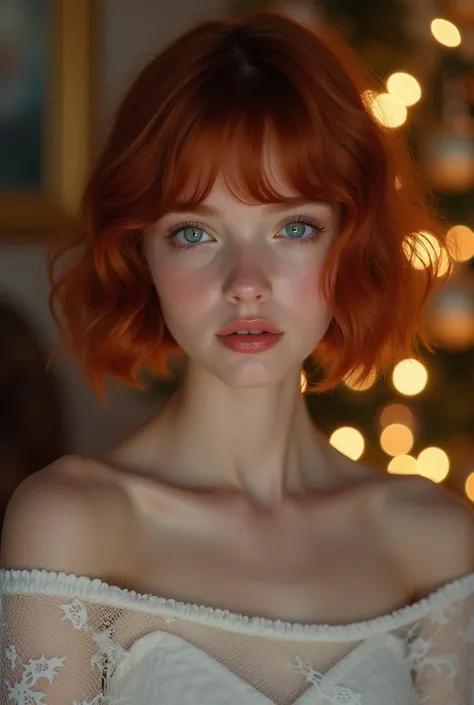  very detailed,  extremely realistic,  hyperrealism,  super real ,  top quality,(  masterpiece on penis , soft lighting ,  stylish eyes with attention to detail: 1.2),15-year-old girl, (cute), the night of Christmas Eve 、 off-the-shoulder sheer white top ,...