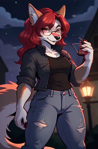  1girl, Werewolf,  red hair, white eyeglass holder, glasses,  good quality , Better quality, , jeans