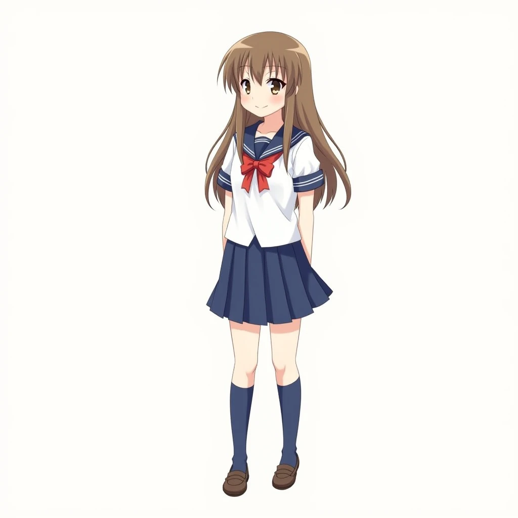 best quality, 1girl, solo, (hanaoka makoto), __posture__, long hair, brown hair, bangs, sidelocks, brown eyes, school uniform, serafuku, bow, red bow, bowtie, white shirt, shirt, blue skirt, pleated skirt, skirt, kneehighs, short sleeves, sailor collar, bl...