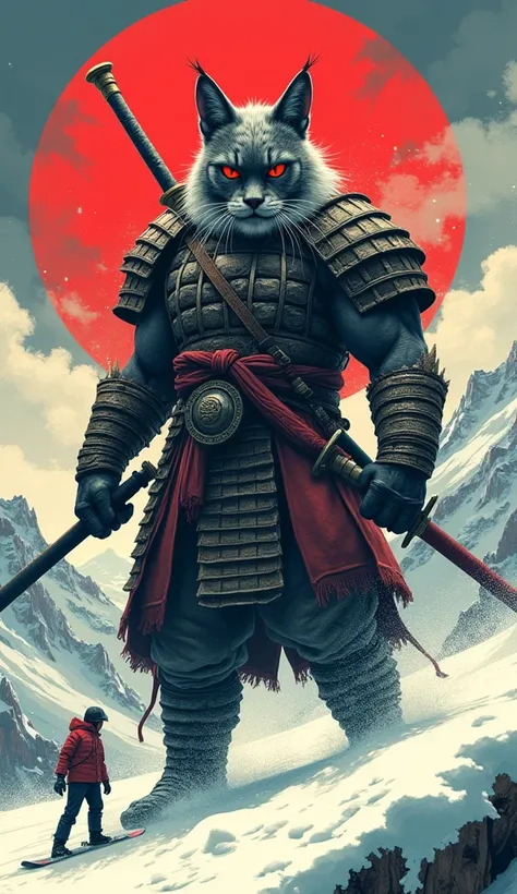 Red eyes, big cat, ugly old muscle wearing a helmet、warrior、holding a sword、兜を付けている、red and white flag background、and me on a snowboard、1 person、snowy mountain、powder、Ukiyo-e , film, Japanese style、illustration effect for poster and Japanese magazines,