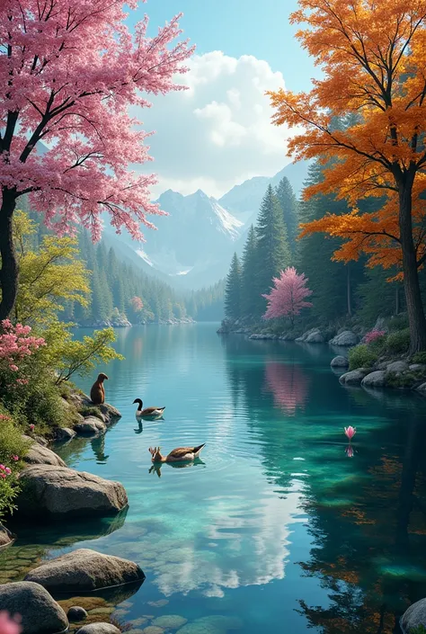 A serene lake surrounded by a blend of all four seasons,with elements of fantasy and surrealism.The scene is vibrant and realistic,showcasing vivid colors of spring blooms,summer greenery,autumn leaves,and winter snow.Include ethereal lights and mystical c...