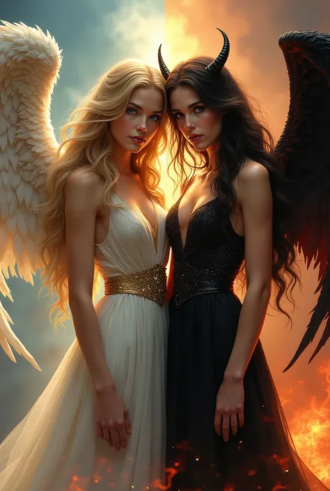 ((Overall image))   Detailed and realistic representation of a beautiful angel woman with long blond hair , (( Maximum Details  in the particulars))  Maximum Details ,   A landscape paradise split in two on the left  ,   has a white and gold dress ,   brig...