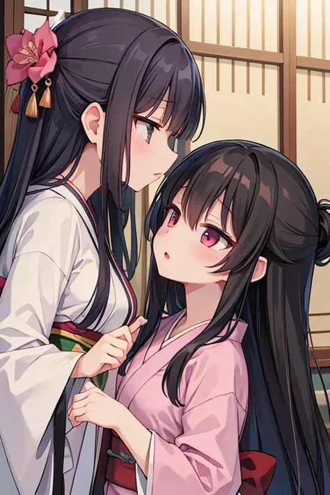  top quality、 small breasts、kimono、  long black hair、 two girls、Bury my face in your chest、、, Yuri, Kiss
