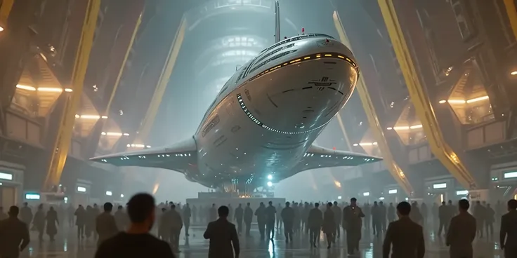 Spaceship in a large hangar on a space cruise