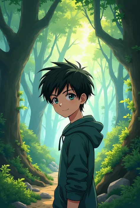 ((Best quality)), ((masterpiece)), (detailed), ((perfect face)), ((halfbody)) handsome face, male, teen boy, perfect proportions, a character from anime groove adventure Rave, short hair, male version, hiro mashima art, detailed ghibli forest background, d...