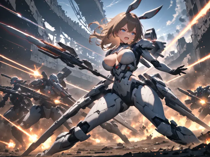 Full body,
(Holding a spear made of green beams:1.3),
(A cool and sexy white exoskeleton with exposed skin:1.1),
exposed skin, 
large breasts, 
looking away,
(shouting:1.3),
Reddish-brown, 
shoulder-length hair with crossed bangs,
Blue eyes,
Mechanical rab...