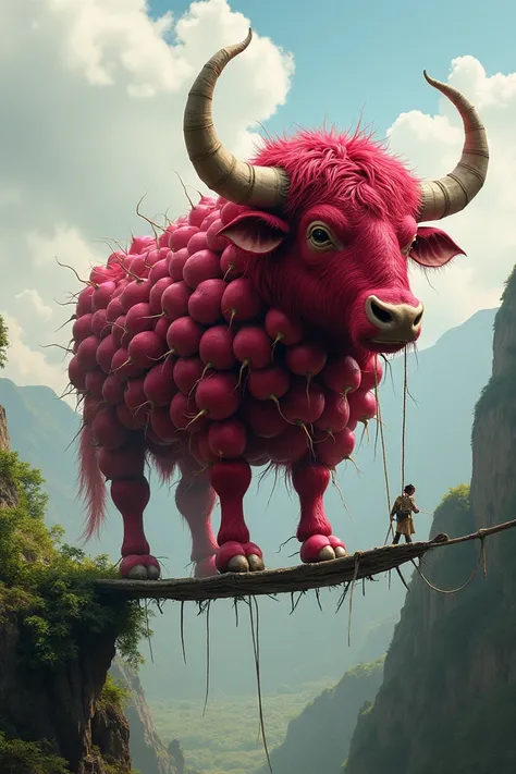 A big yak made out of radishes standing on barely bridge 