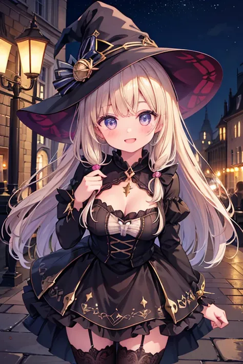  witch girl, big smile,  Europe,  the cutest in the world  ,  Details Eye ,  detailed face  , In the city,  has a glittering night view ,Brilliant Light, beautiful detailed glow photorealistic:2.0, masterpiece,  top quality,  very detailed,  from before,((...