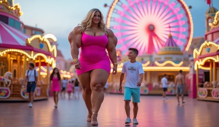  Alexa Marín , 28 years old,  tall and extremely muscular  (1.90m),  is in a theme park with a Barbie .  The place is full of attractions in pastel shades ,  bright lights and extravagant details ,  like carousels with golden horses and a giant pink wheel ...