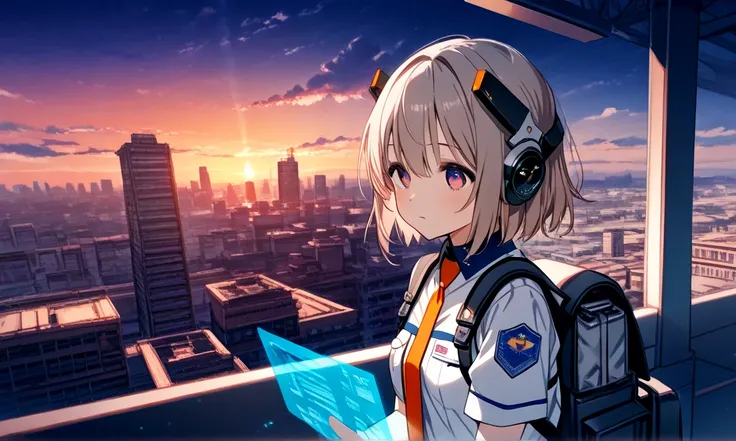 1 Girl、  Uniform Headgear Backpack Upper Body Holographic Interface、 Cityscape Megastructure 、  Industrial Equipment Sunset Masterpiece 、best_quality、