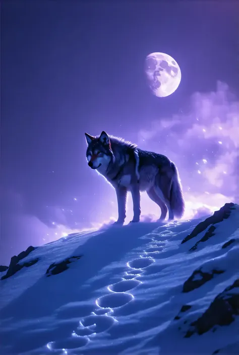 (8k, top quality, Masterpiece , Final Fantasy Style: 1.2),Atmospheric perspective, 8K, Very detailed,
A wolf playing Tohoe on the top of a snow-covered mountain, Moonlit night, clear air, night fog, sparkling ice particles in the air, wolfs foot prints on ...