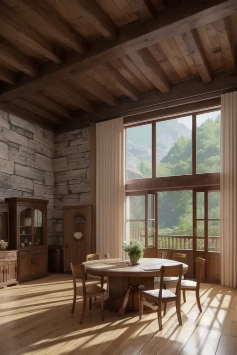  Model Shooting Style , ( Highly Detailed CG 8K Wallpaper ), In the center of the room、 there is a wide long wooden table with food leftovers, Old and spacious room, Stone wall and a little high, No ceiling, In the back of the room、There are ruins of a Rom...