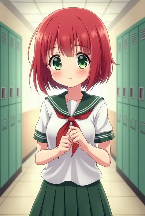 An anime girl with short red hair and green eyes wearing school clothes is shy and innocent 