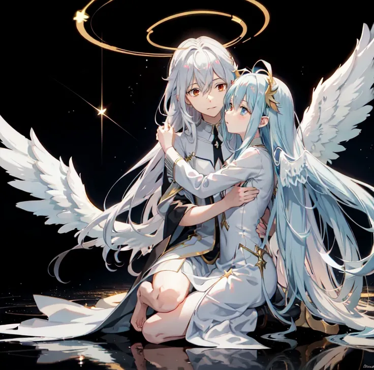 Anime couple hugging and kissing ,Man red eyes , Man long platinum hair, platinum shiny halo ,anime angel with wings and a halo above his head, anime wallpaper, biblical accurate angel, angelic, ((zerator)), glowing angelic being, an angel, angelical, hd a...