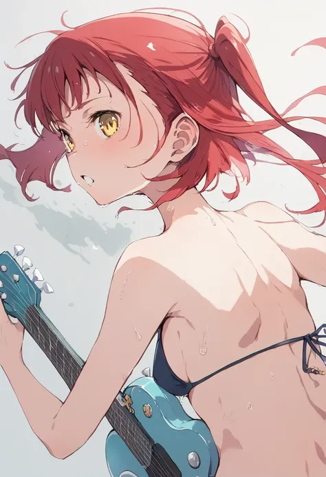 pt，Vibrant color scheme，Manifestation， wet and shiny skin,sweat,Live,（ red hair），Completely naked,1Girl, Left Side Up, hair about the length of the back,セミロhmmグヘア，Sing while playing a light blue guitar,Small breasts,Kita Ikuyo，Yellow Eyes,Kita ～hmm☆,1959 G...