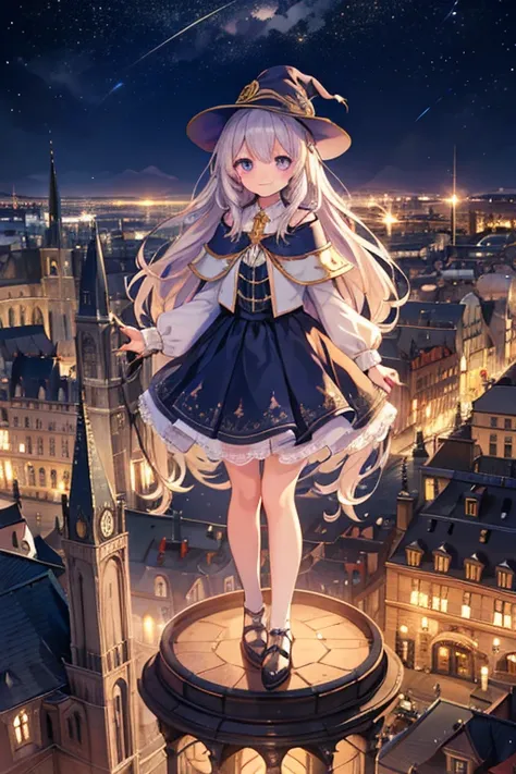  Wizard, girl,smile,  standing,  Europe,  the cutest in the world  ,  Details Eye ,  detailed face  , City view,  has a glittering night view ,Brilliant Light, beautiful detailed glow photorealistic:2.0, masterpiece,  top quality,  very detailed,  from bef...