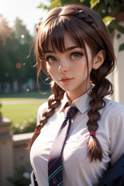  1 girl, In extremely tight shiny school uniform,Necktie,Double braids,  brown hair , Lens reflection, Reflected light, 