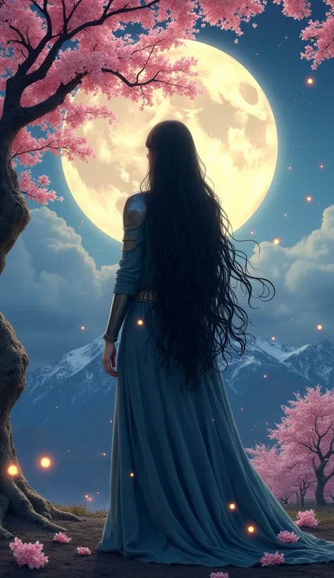   masterpiece on penis , 最 High Quality ,   knight , mountain, full moon,   long black hair, woman,  fireflies, star, Mysterious cherry tree, Pink leaves,  High Quality ,  Beautiful Graphics ,  high detail