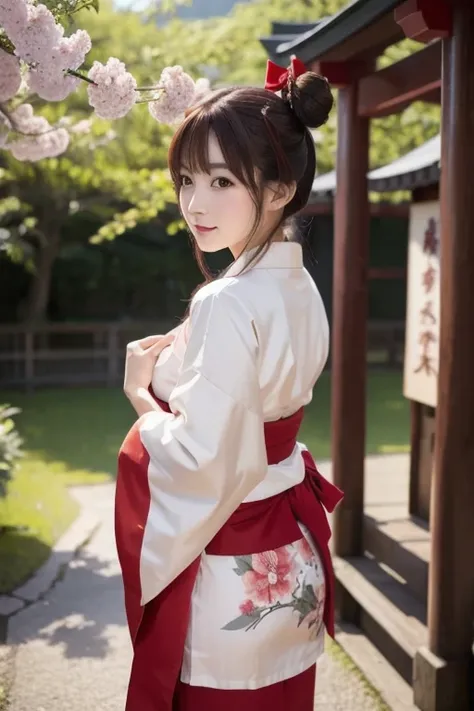 ((  masterpiece on penis , top quality)),Outdoor, Red Torii Gate, tree,  stage,, 2girls, Shrine maiden,Shrine maiden,  watch viewers,  look back,,  red legwear, red ribbon,  black hair ,cherry blossoms, day, flower, Hair Bun, hair ribbon, japanese clothes,...