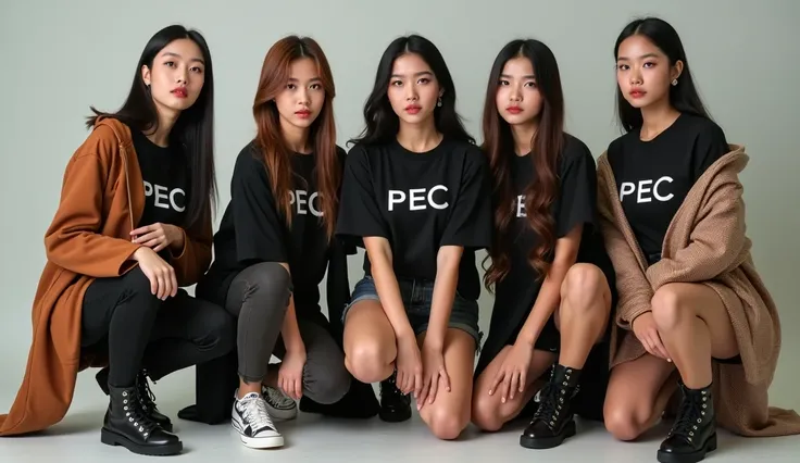 6 beautiful Indonesian women wearing the same t-shirt that says "PEC" combined with Korean womens outerwear jackets, squatting and standing positions, looking straight ahead, detailed and clear, realistic photos.