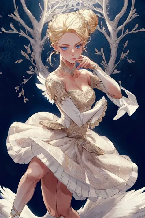 1 beautiful woman, full body, elegant dancing ballet , blonde hair in a bun, blue eyes, white ballet short tutu swan outfit, (super detail, high details, high quality, accurate, anatomically correct, textured skin, beautiful fingers super detail, high deta...