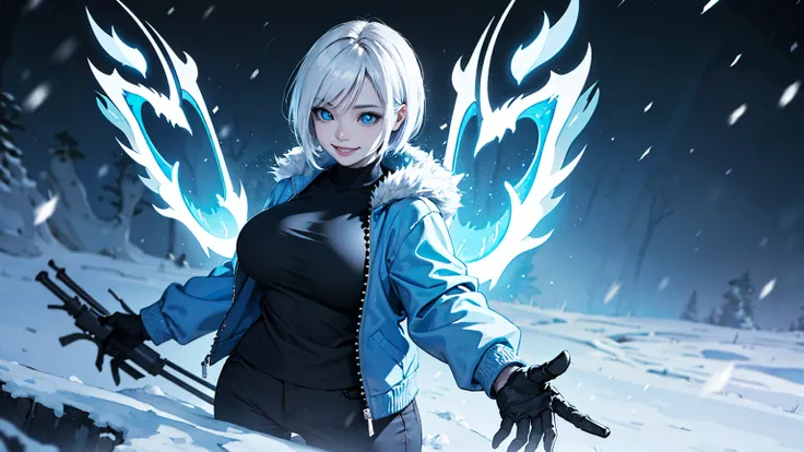 Sans Blue Jacket Black Shirt Fire Eyes Skull Smile Long Lashes White Short Hair Luminous Face Blue Dragon Skull Cannon One Person Standing In Snow Town Femininefull Super huge big breasts breast enlargement ultra-detailed, HDR, vibrant colors, soft lightin...