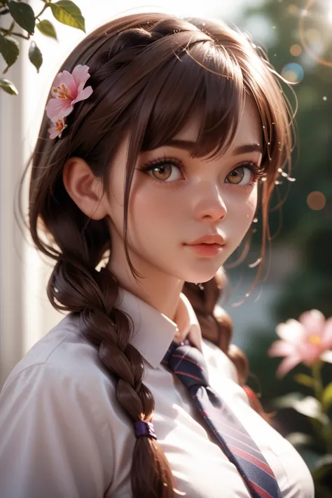  1 girl, In extremely tight shiny school uniform,Necktie,Double braids,  brown hair , Lens reflection, Reflected light, smells a flower 