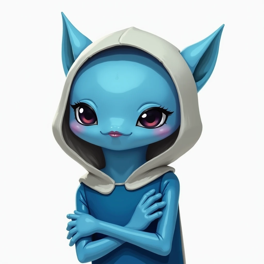 A 2D illustration of a blue alien with a hood, featuring the appearance of characters from the Adventure Time animations on Cartoon Network, with crossed arms, pointed ears